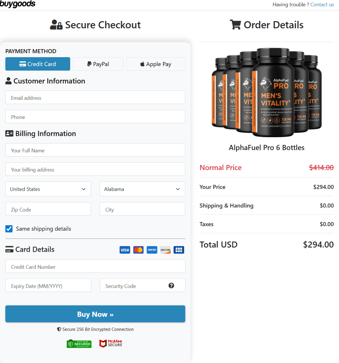 AlphaFuel Pro Checkout page